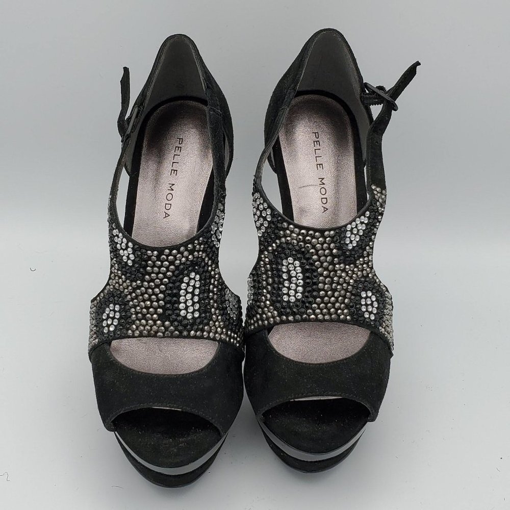 Pelle Moda Black Suede and Rhinestone  Stiletto Peep Toe Pump